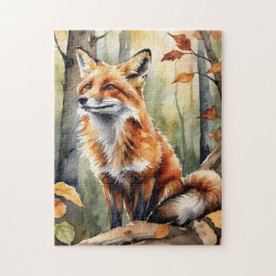 Woodland Forest Watercolor Fox Fall Autumn Jigsaw Puzzle