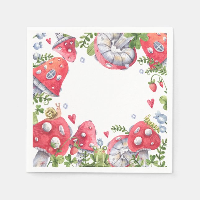 Woodland Forest Watercolor Mushroom Kids Birthday Napkin (Front)
