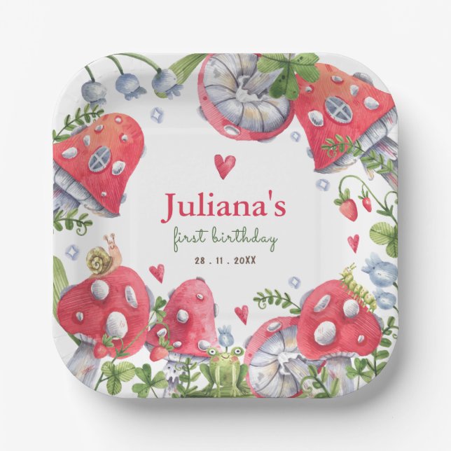 Woodland Forest Watercolor Mushroom Kids Birthday Paper Plate (Front)