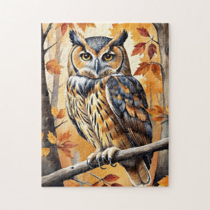 Woodland Forest Watercolor Owl Fall Animal Jigsaw Puzzle