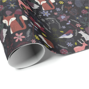 Woodland Forest Wild Animals Nature Black Wrapping Paper