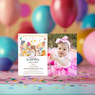 Woodland Forest Wild One Girl 1st Birthday Party  Invitation
