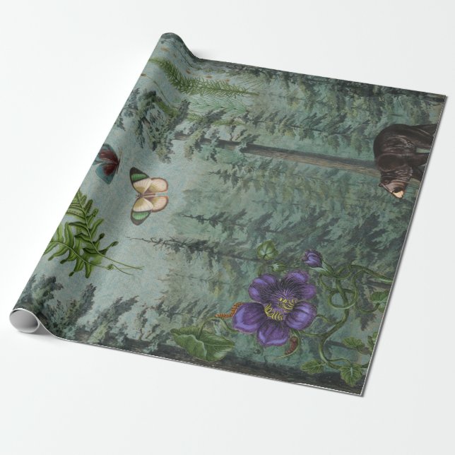 Woodland Forest Wildlife Bear, Butterfly Decoupage Wrapping Paper (Unrolled)