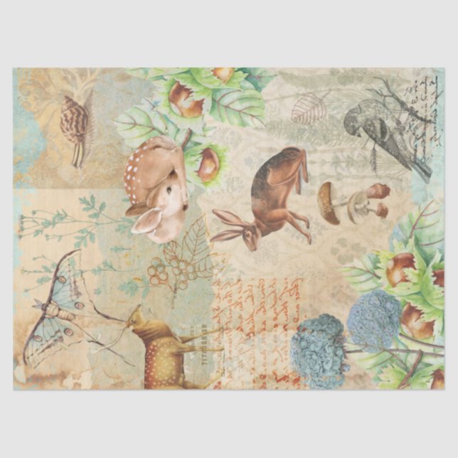Woodland Forest Wildlife Rabbit Deer Decoupage  Tissue Paper (Front)