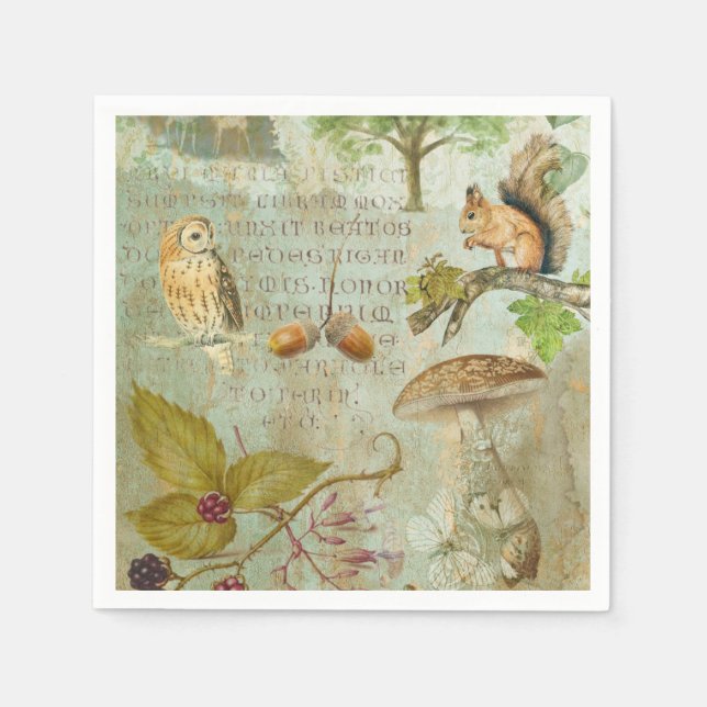 Woodland Forest Wildlife Squirrel, Owl, Decoupage Napkin (Front)