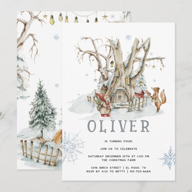 Woodland Forest Winter | Christmas Birthday Party Invitation (Front/Back)