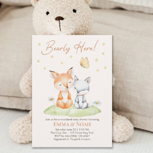 Woodland Fox and Bear Neutral Baby Shower Invitation