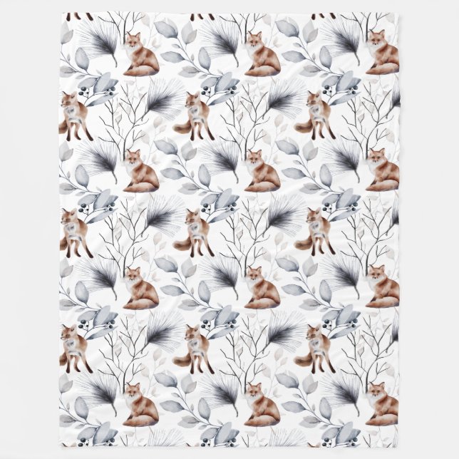 Woodland Fox and Grey and Silver Foliage Fleece Blanket (Front)
