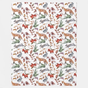Woodland Fox and Rabbit Fall Foliage Fleece Blanket