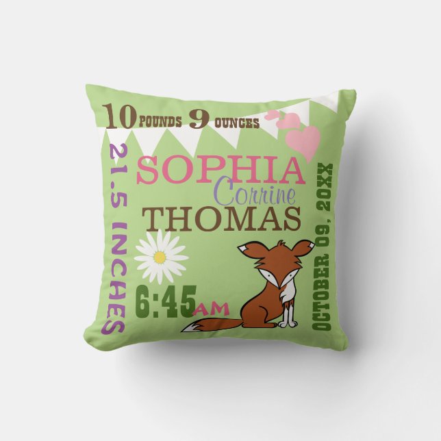 Woodland Fox Baby Birth Stats Cushion (Front)