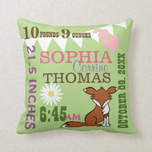 Woodland Fox Baby Birth Stats Cushion