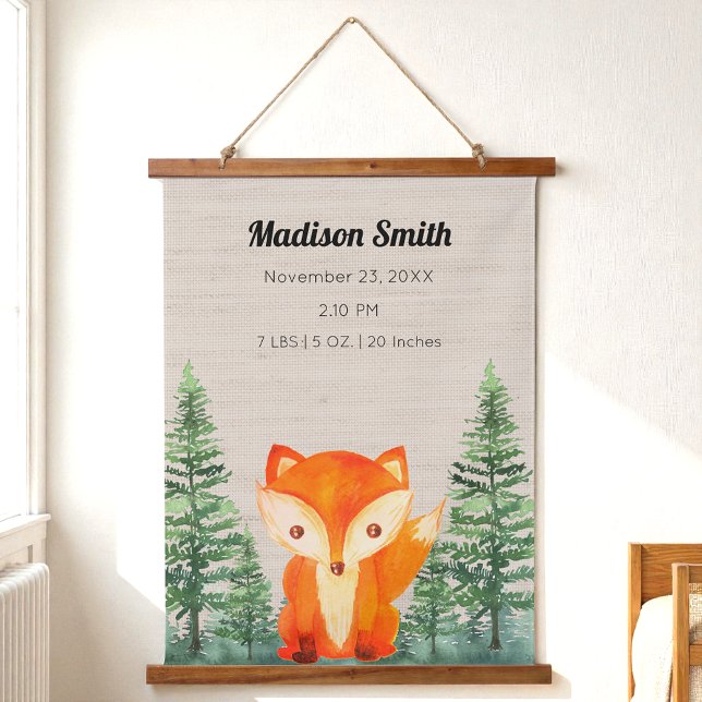 Woodland Fox Baby Birth Stats Nursery Hanging Tapestry (Creator Uploaded)