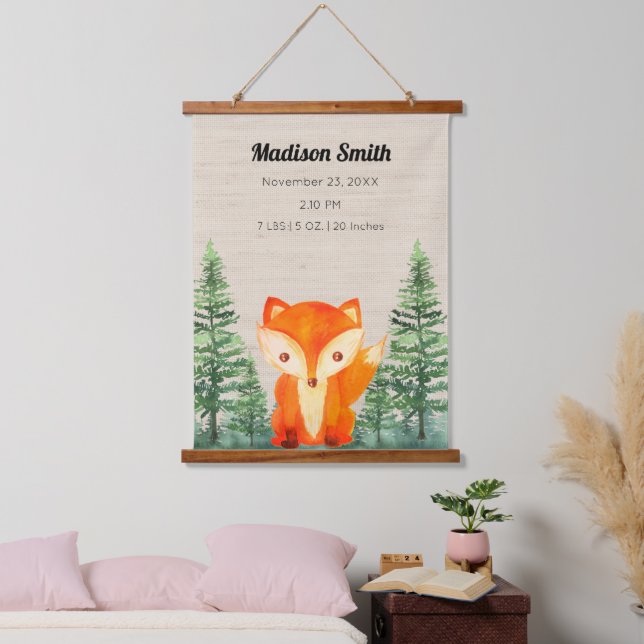 Woodland Fox Baby Birth Stats Nursery Hanging Tapestry (Bedroom)