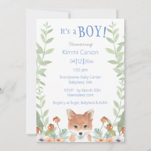 Woodland Fox Baby Boy Script Floral Baby Shower Invitation