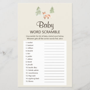 Woodland Fox Baby Shower Baby Word Scramble Game Flyer