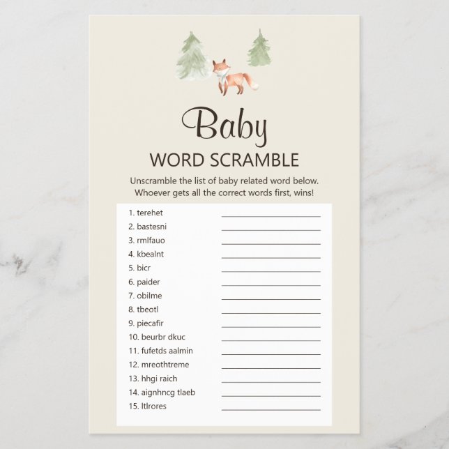 Woodland Fox Baby Shower Baby Word Scramble Game Flyer (Front)