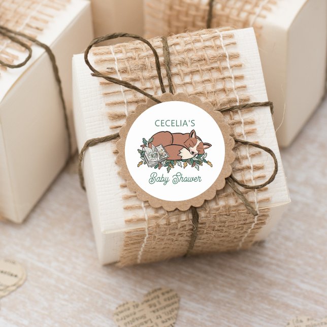 Woodland Fox Baby Shower Envelope Classic Round Sticker (Woodland Storybook Baby Shower Stickers for Favors, Crafting, Envelope Seals, and more!)