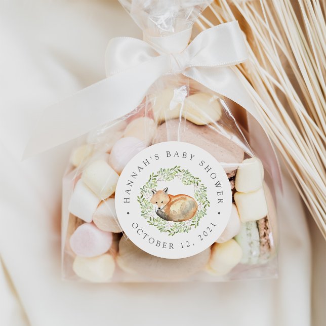 Woodland Fox Baby Shower Favor Classic Round Sticker (Creator Uploaded)