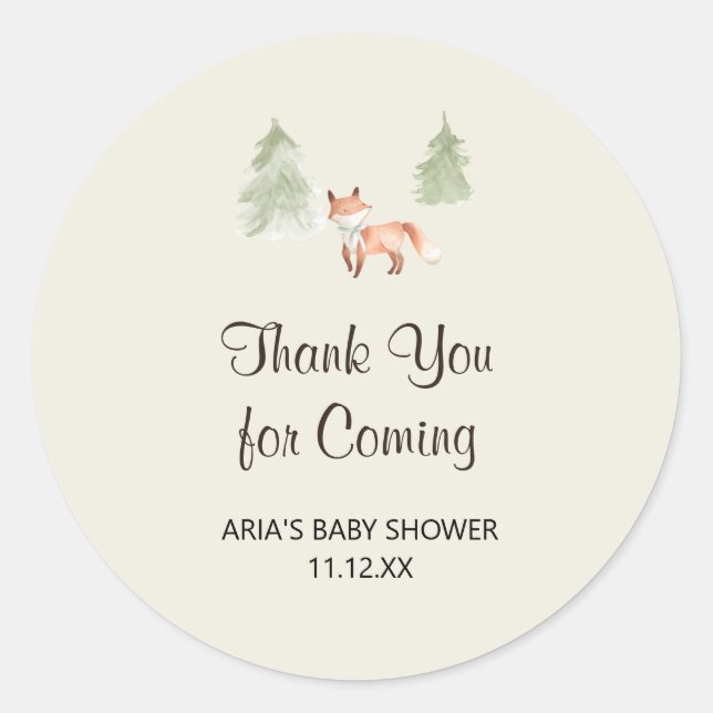Woodland Fox Baby Shower Favour Classic Round Sticker (Front)
