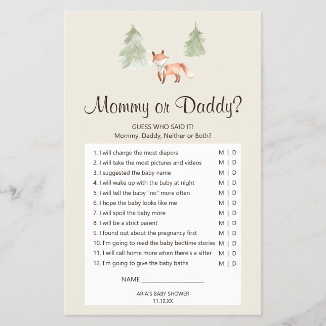 Woodland Fox Baby Shower Mummy or Daddy Game Flyer (Front)