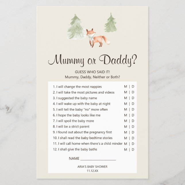 Woodland Fox Baby Shower Mummy or Daddy Game Flyer (Front)