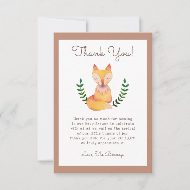 Woodland Fox Baby Shower Thank You Card (Front)