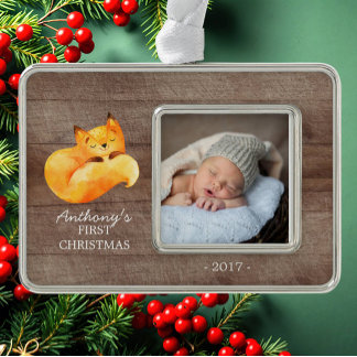 Woodland Fox Baby's 1st Christmas Photo Ornament