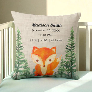 Woodland Fox Birth Stats Brown Nursery Cushion