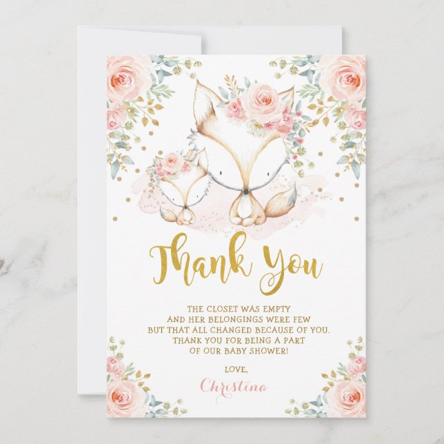 Woodland Fox Blush Gold Floral Girl Baby Shower Th Thank You Card (Front)