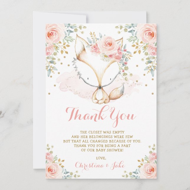Woodland Fox Blush Gold Floral Girl Baby Shower Thank You Card (Front)