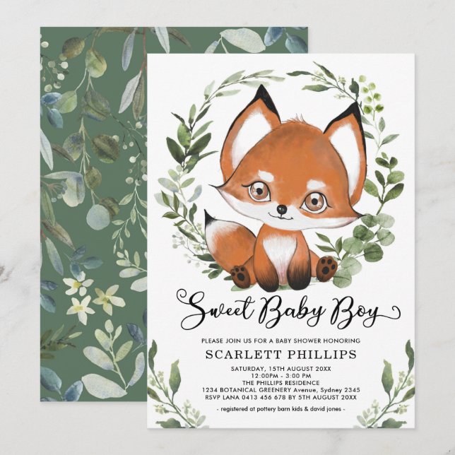 Woodland Fox Botanical Greenery Boy Baby Shower Invitation (Front/Back)