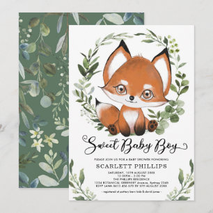 Woodland Fox Botanical Greenery Boy Baby Shower Invitation