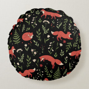 Woodland Fox Botanical Pattern Round Cushion