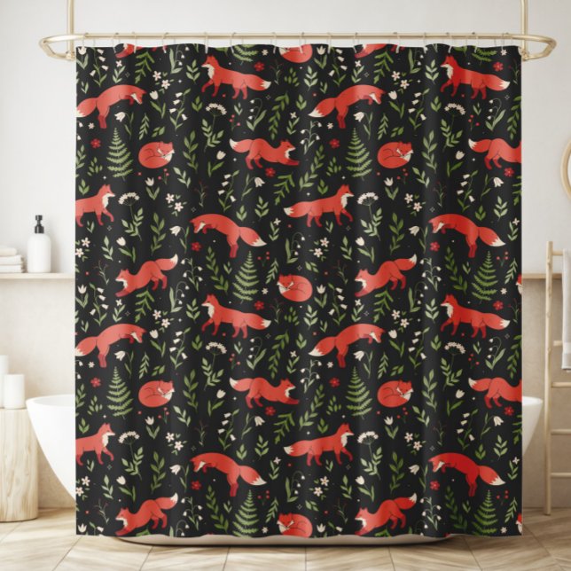 Woodland Fox Botanical Pattern Shower Curtain (Creator Uploaded)