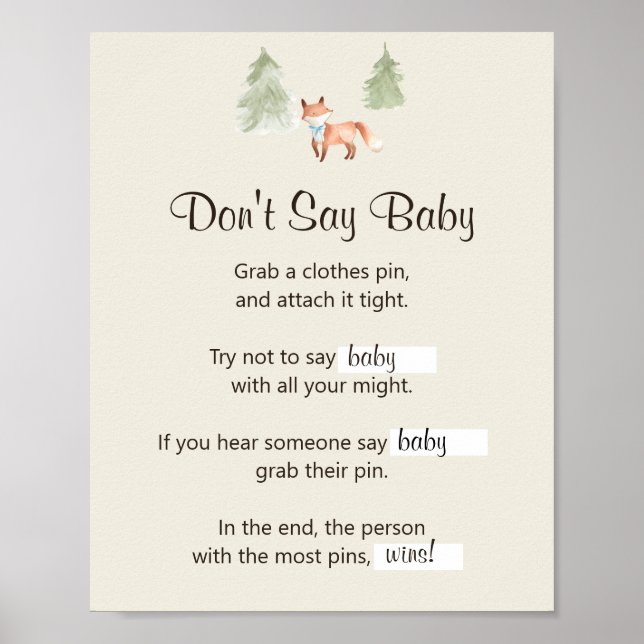 Woodland Fox Boy Baby Shower Don't Say Baby Game Poster (Front)