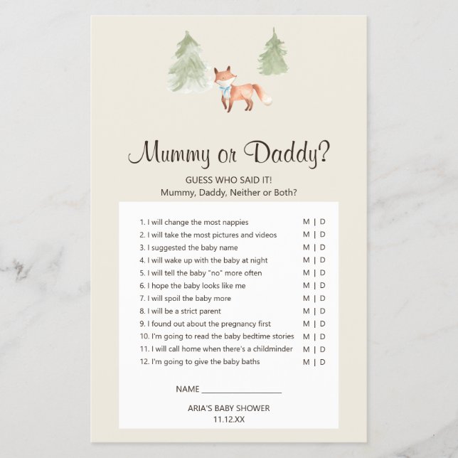 Woodland Fox Boy Baby Shower Mummy or Daddy Game Flyer (Front)