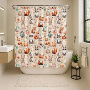 Woodland Fox Bunny Watercolor Boho Shower Curtain