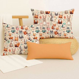 Woodland Fox Bunny Watercolor Boho Throw Pillow