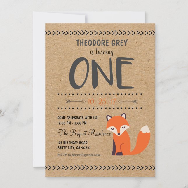 Woodland Fox Chevron Boy First Birthday invitation (Front)
