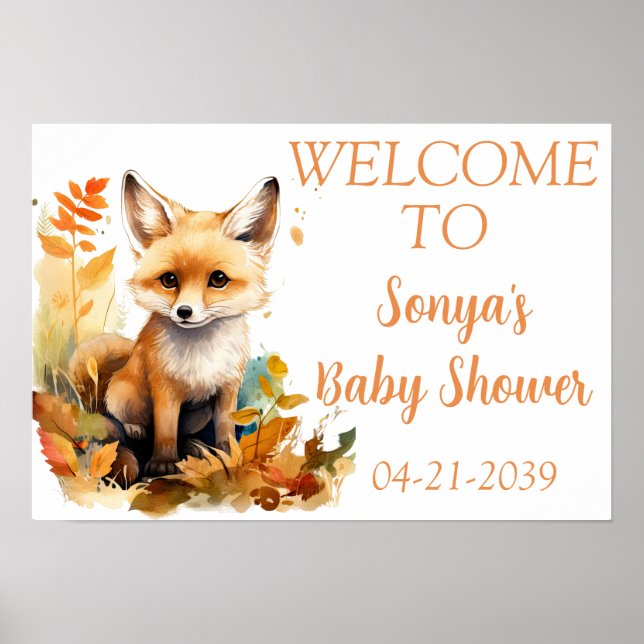 Woodland Fox Cute Baby Shower Floral Welcome Poster (Front)