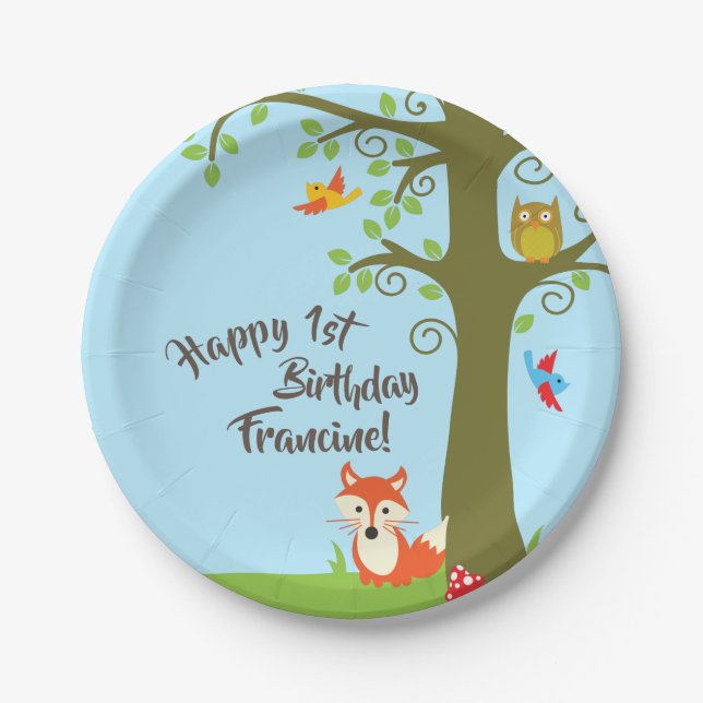 Woodland Fox Cute Kids Birthday Party Paper Plate (Front)