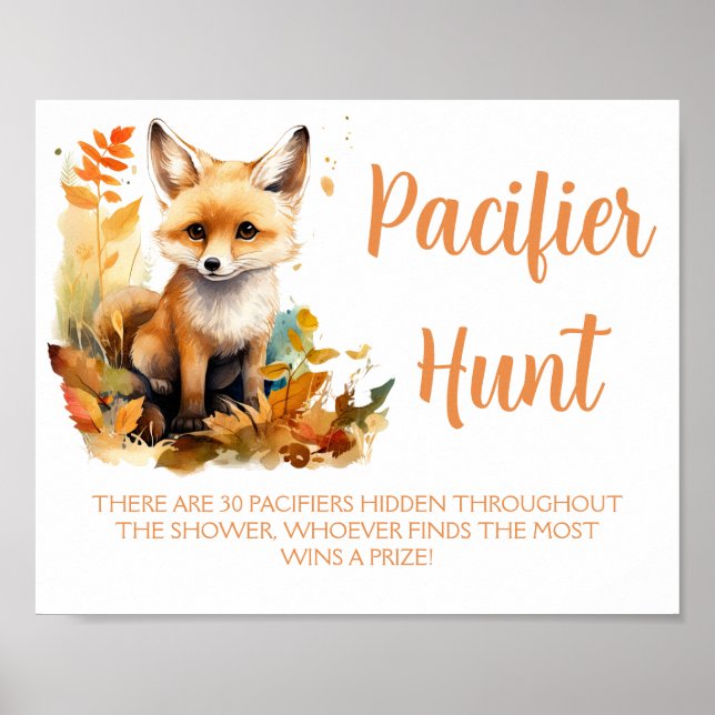Woodland Fox Cute Pacifier Hunt Baby Shower Game Poster (Front)