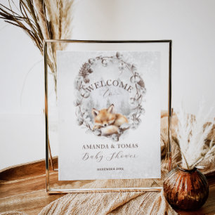 Woodland Fox Elegant Winter Baby Shower Welcome  Poster
