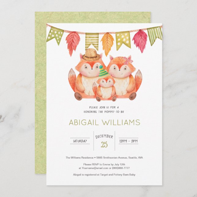 Woodland Fox Family Minimal Baby Shower Invitation (Front/Back)