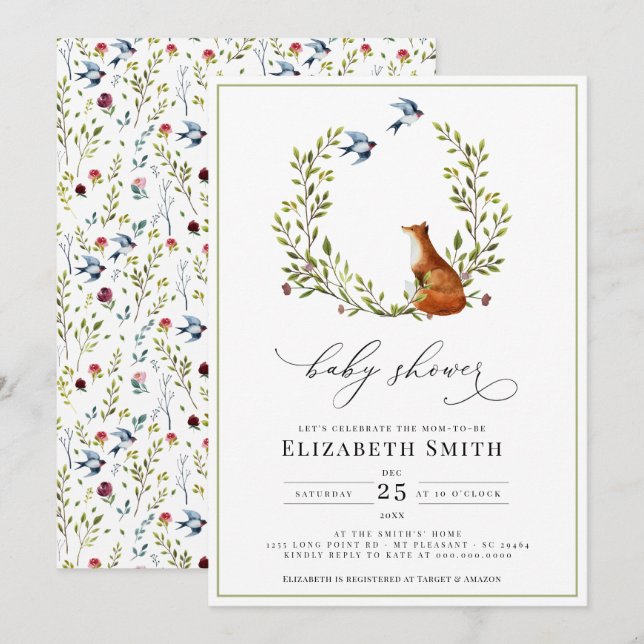 Woodland Fox Floral Gender Neutral Baby Shower Invitation (Front/Back)