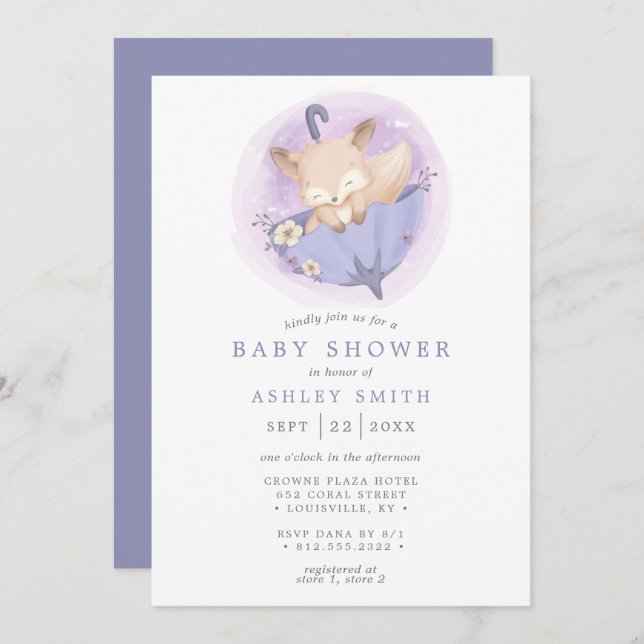 Woodland Fox Floral Umbrella Purple Baby Shower Invitation (Front/Back)