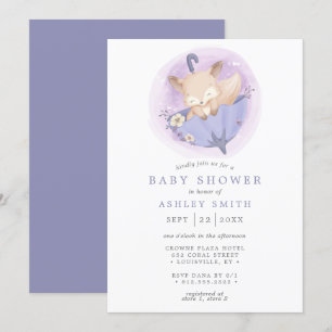 Woodland Fox Floral Umbrella Purple Baby Shower Invitation