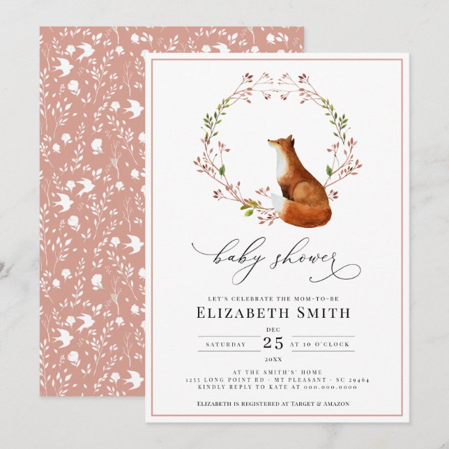 Woodland Fox Floral Watercolor Girl Baby Shower  Invitation (Front/Back)