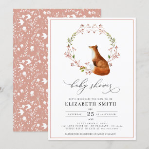 Woodland Fox Floral Watercolor Girl Baby Shower  Invitation