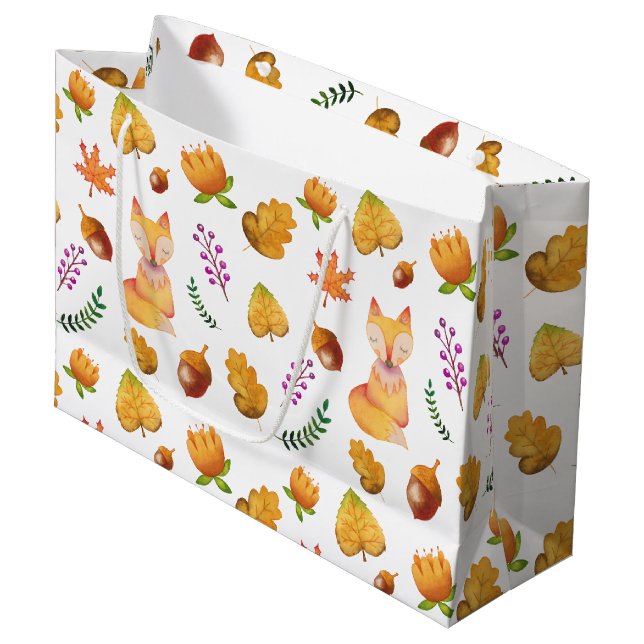 Woodland Fox Foliage Watercolor Pattern Large Gift Bag (Front Angled)